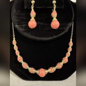 70s Vintage Gold plate & Coral-colored Acrylic Bead Necklace & Earrings Set